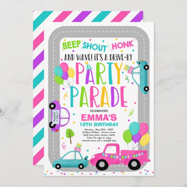 Drive By Birthday Parade Invitation Pink Parade (Front/Back)