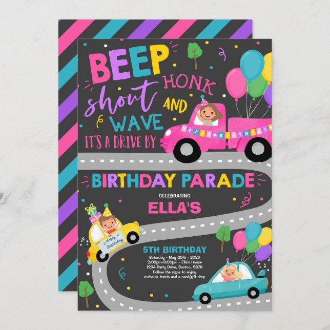 Drive By Birthday Parade Invitation Pink Parade (Front/Back)
