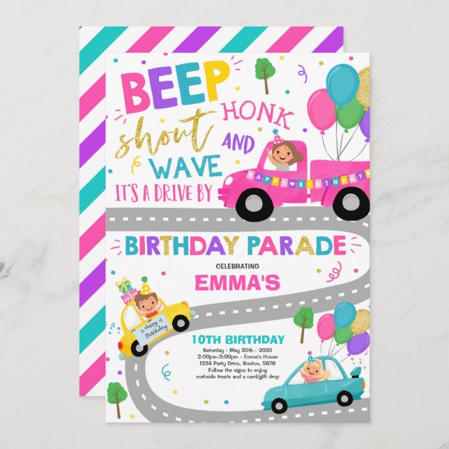Drive By Birthday Parade Invitation Pink Parade (Front/Back)