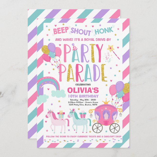 Drive By Birthday Parade Invitation Pink Princess (Front/Back)