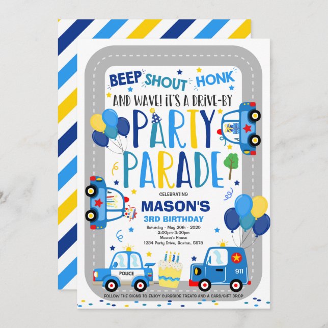 Drive By Birthday Parade Invitation Police Parade (Front/Back)