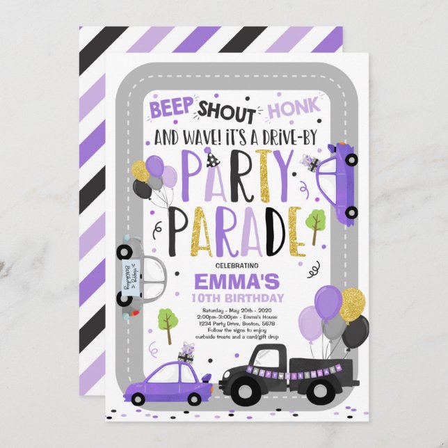 Drive By Birthday Parade Invitation Purple Parade (Front/Back)