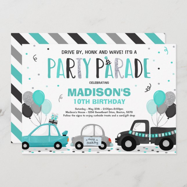 Drive By Birthday Parade Invitation Teal Parade (Front/Back)