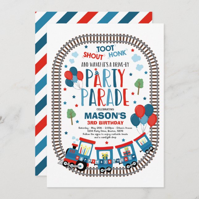 Drive By Birthday Parade Invite Choo Choo Train (Front/Back)