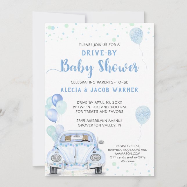 Drive By Blue Car Balloons Baby Shower Invitation (Front)