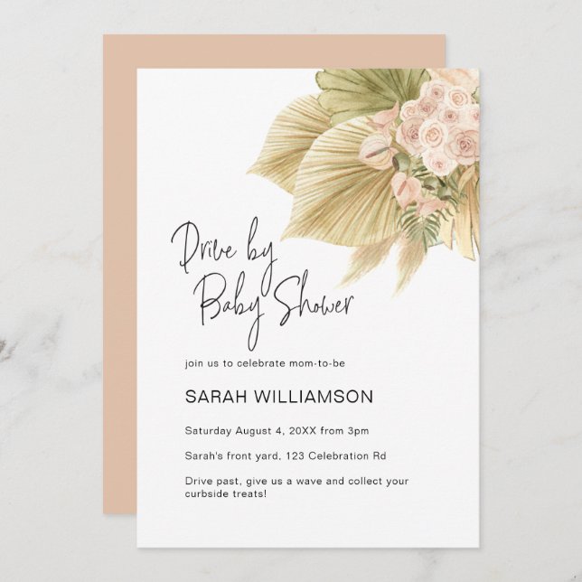 Drive By Boho Floral Pampas Palm Blush Baby Shower Invitation (Front/Back)