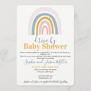 Drive by Boho Rainbow Baby Shower invitation card