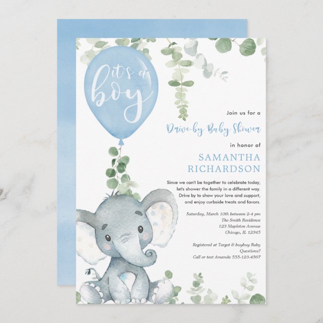 Drive-by boy baby shower cute elephant greenery invitation (Front/Back)