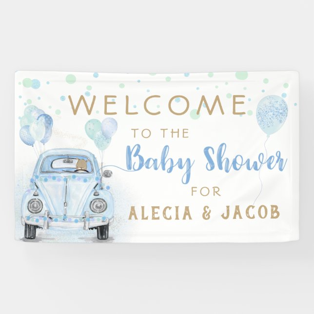 Drive By Boy Baby Shower Gold Blue Car Banner (Horizontal)