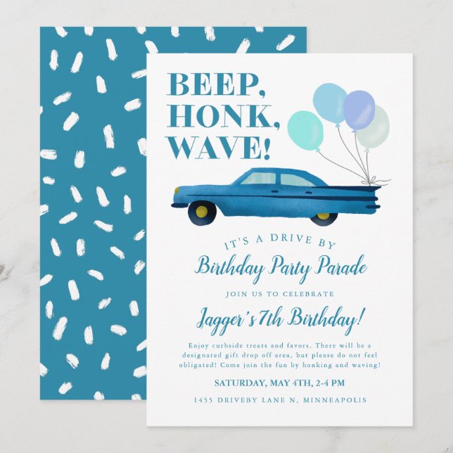 Drive By Boy Birthday Party Blue Vintage Car Invitation (Front/Back)