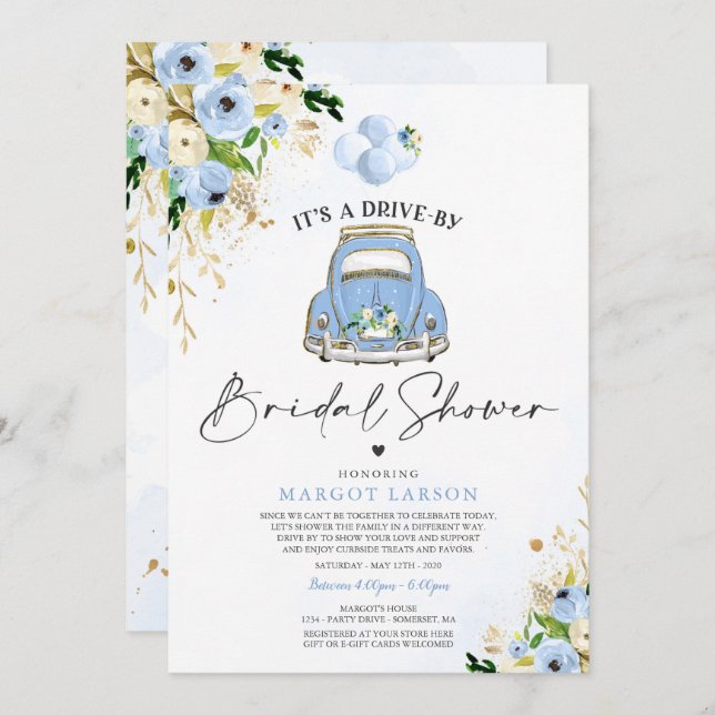 Drive By Bridal Shower Blue Floral Car Drive By Invitation (Front/Back)