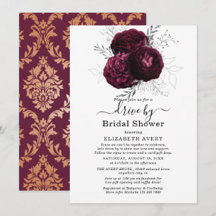 Drive By Bridal Shower Burgundy Floral Wedding Invitation
