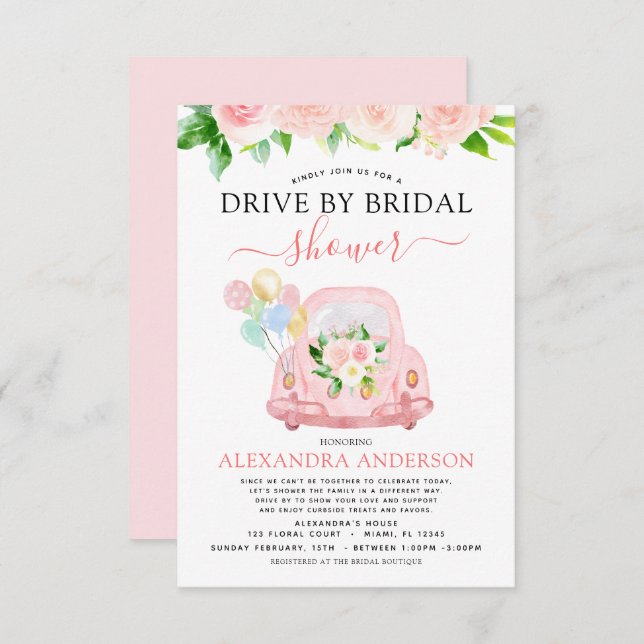 Drive By Bridal Shower Floral Blush Pink Invitation (Front/Back)