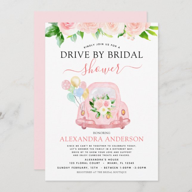 Drive By Bridal Shower Floral Blush Pink Invitation (Front/Back)