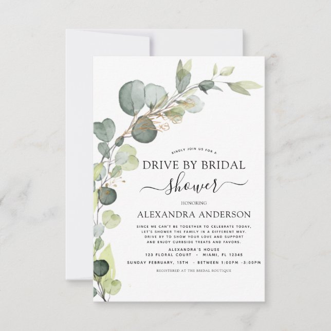 Drive By Bridal Shower Greenery Eucalyptus Invitation (Front)
