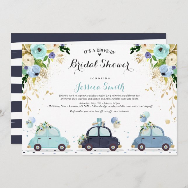 Drive By Bridal Shower Invitation Blue Floral (Front/Back)