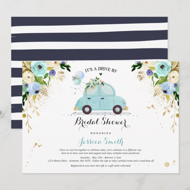 Drive By Bridal Shower Invitation Blue Floral (Front/Back)