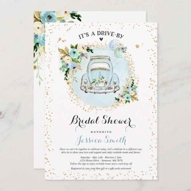 Drive By Bridal Shower Invitation Blue Floral (Front/Back)