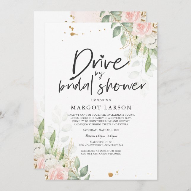 Drive By Bridal Shower Invitation Greenery & Gold (Front/Back)