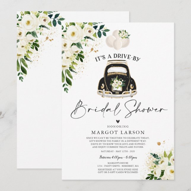 Drive By Bridal Shower Invitation White Floral (Front/Back)