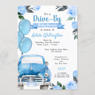 Drive By Car Blue Boy Rustic Baby Shower Invitation