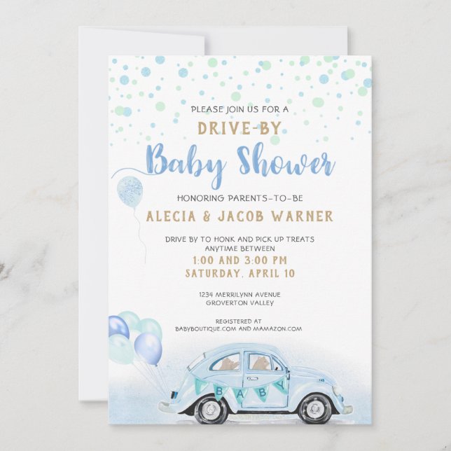 Drive By Car Boy Baby Shower Blue Green Gold Invitation (Front)