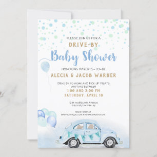 Drive By Car Boy Baby Shower Blue Green Gold Invitation