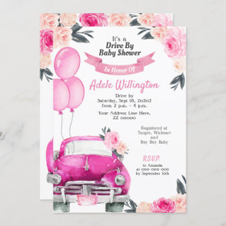 Drive By Car Floral Pink Roses Rustic Elegant Invitation