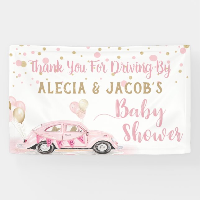 Drive By Car Girl Baby Shower Thank You Pink Banner (Horizontal)