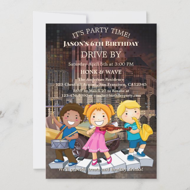 Drive By Distance Music Kids Birthday Party Invitation (Front)