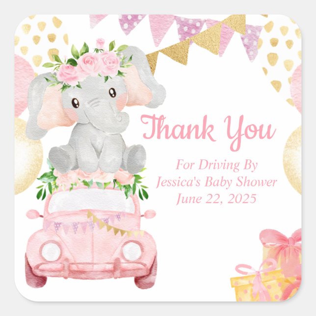 Drive By Elephant Baby Shower Thank You Sticker (Front)