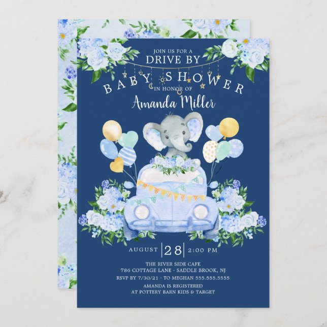 Drive By Elephant Boys Baby Shower Invitation (Front/Back)