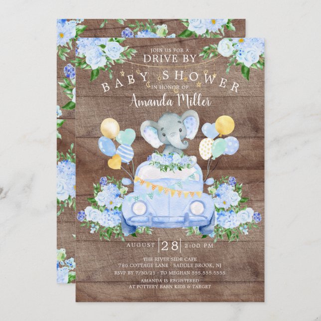 Drive By Elephant Boys Baby Shower Invitation (Front/Back)