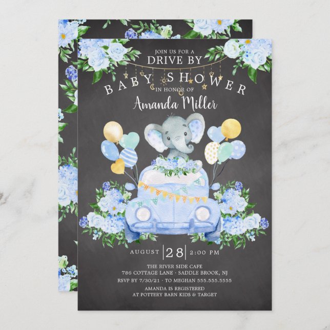Drive By Elephant Boys Baby Shower Invitation (Front/Back)