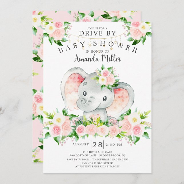 Drive By Elephant Girls Baby Shower Invitation (Front/Back)