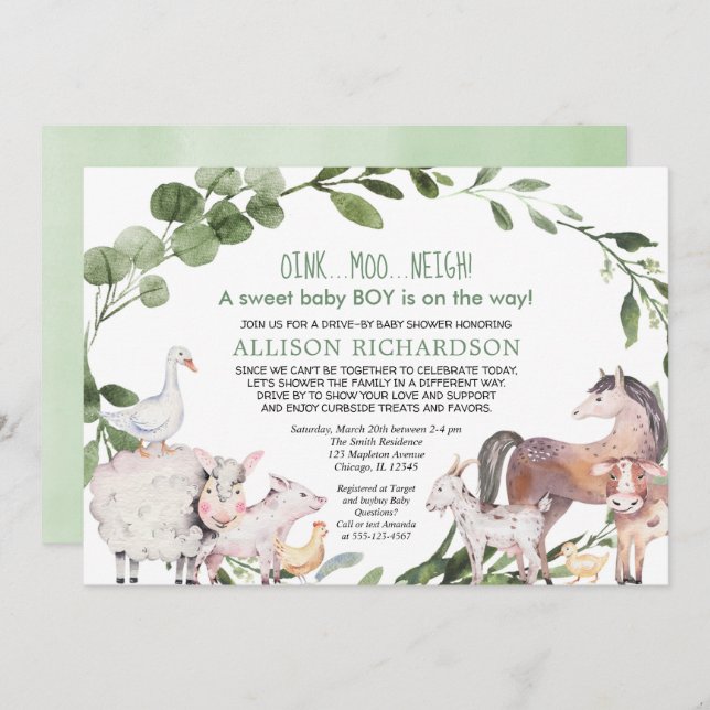 Drive by Farm Barnyard animals boy baby shower Invitation (Front/Back)