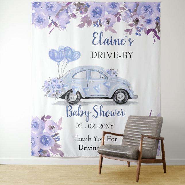 Drive By Floral Blue Drive Through Shower Backdrop Tapestry (In Situ)