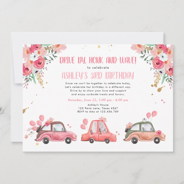 Drive By Floral Pink Gold Through Girl Birthday Invitation (Front)
