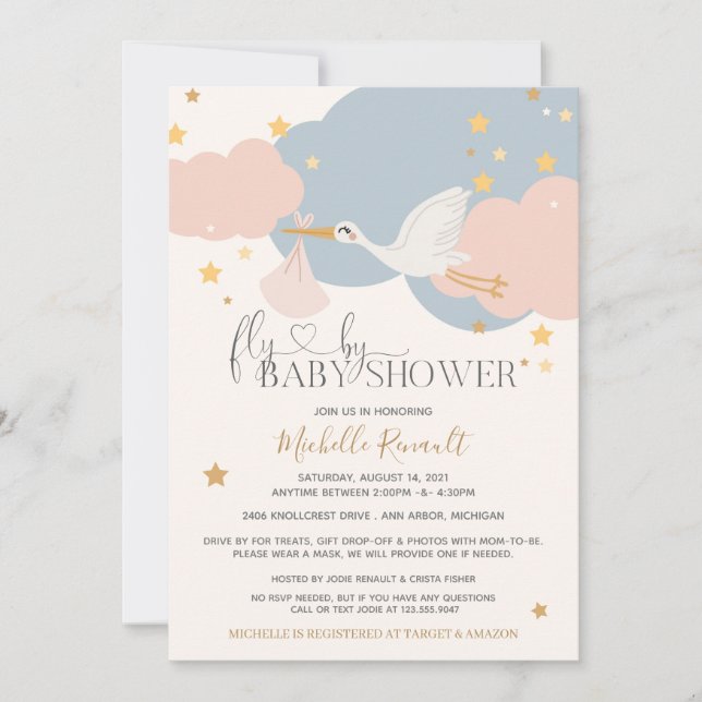Drive By "Fly By" Stork It's A Girl Baby Shower Invitation (Front)
