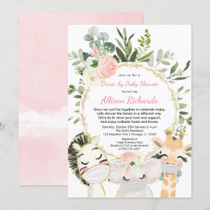 Drive-by girl baby shower pink gold cute animals invitation