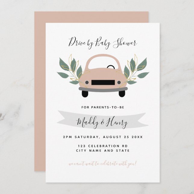 Drive by girl baby shower pink greenery invitation (Front/Back)