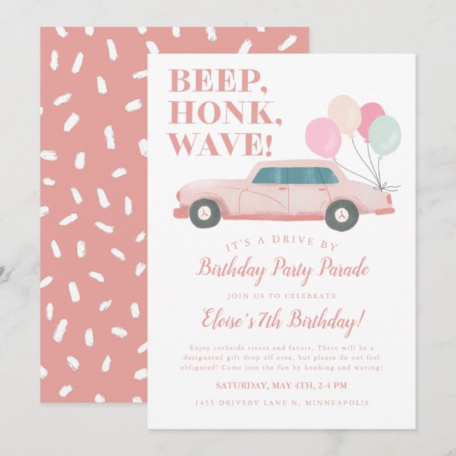 Drive By Girl Birthday Party Pink Vintage Car Invitation (Front/Back)