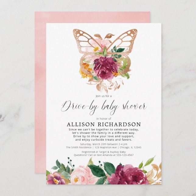 Drive-by girl butterfly blush pink burgundy floral invitation (Front/Back)