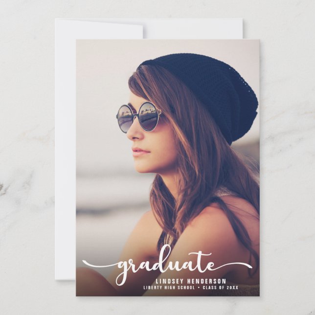 Drive By Graduation Party White Script Photo Invitation (Front)