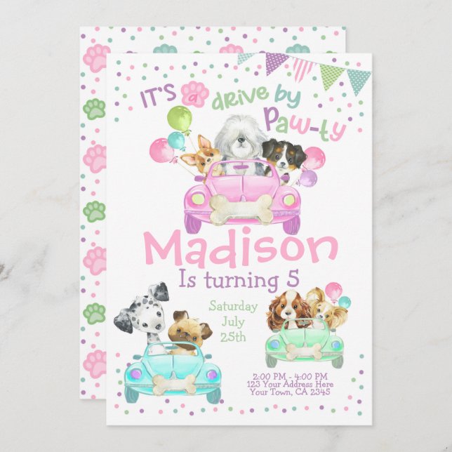 Drive by Invitation, Puppy Birthday Invitation (Front/Back)