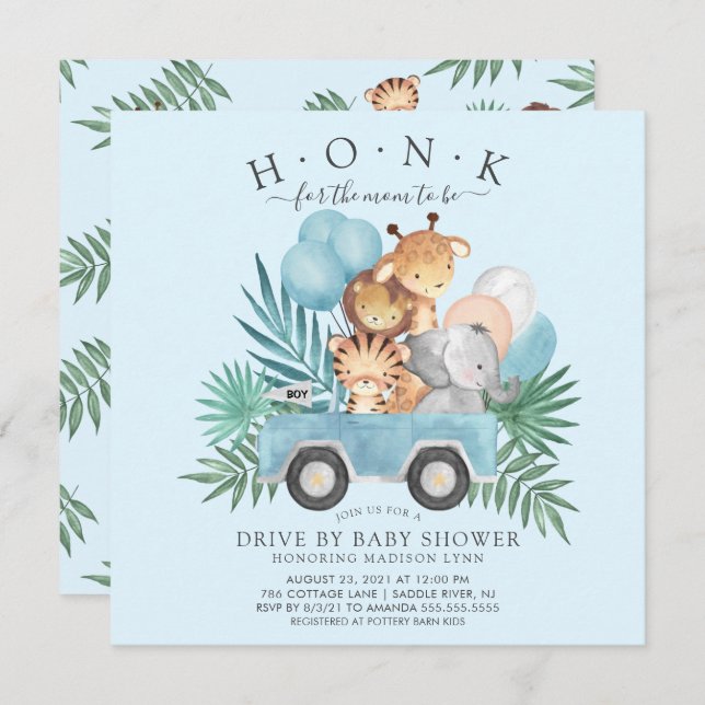 Drive By Jungle Animals Boys Baby Shower Invitation (Front/Back)