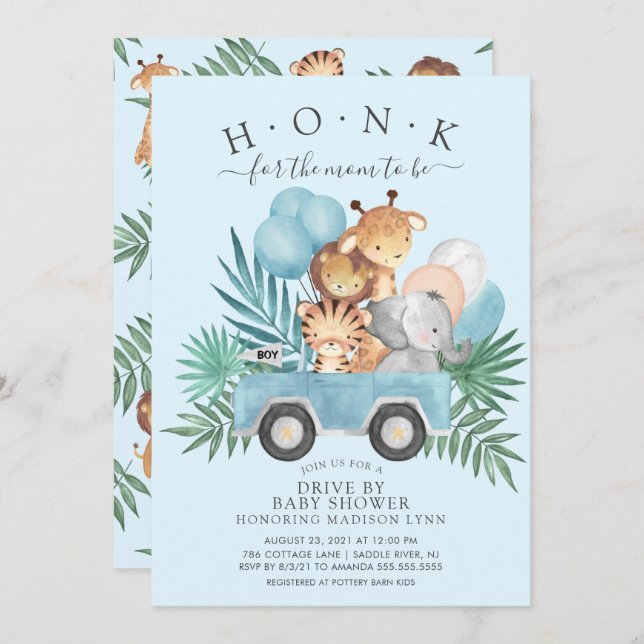 Drive By Jungle Animals Boys Baby Shower Invitation (Front/Back)