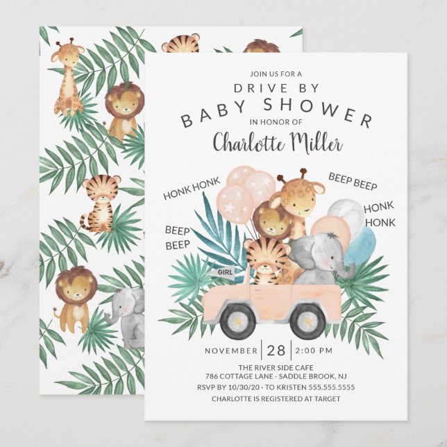 Drive By Jungle Animals Girls Baby Shower Invitation (Front/Back)