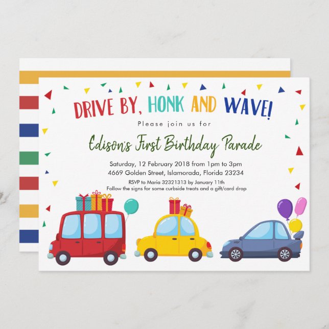Drive by Kid's Birthday Party Parade Invitation (Front/Back)