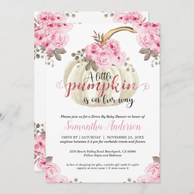 Drive By Little Pumpkin Pink Floral Baby Shower Invitation (Front/Back)